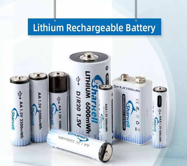 Sharxell USB-C rechargeable lithium battery family in AA, AAA, D and 9V formats