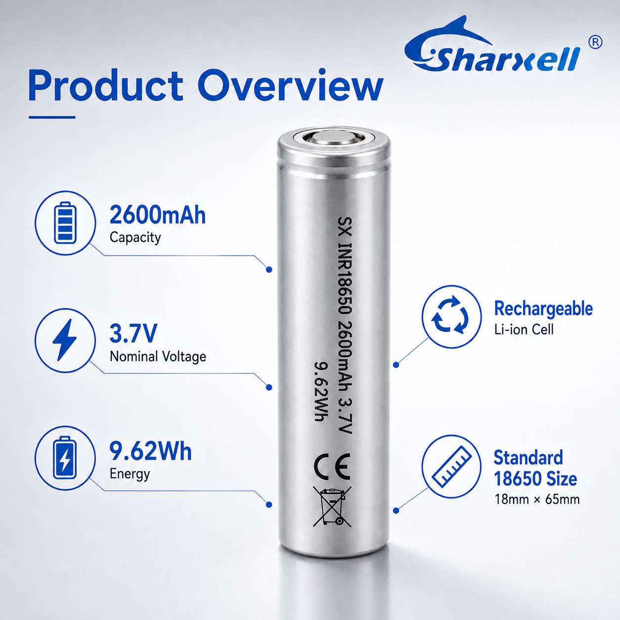 Sharxell 18650 2600mAh 3.7V lithium-ion cell render