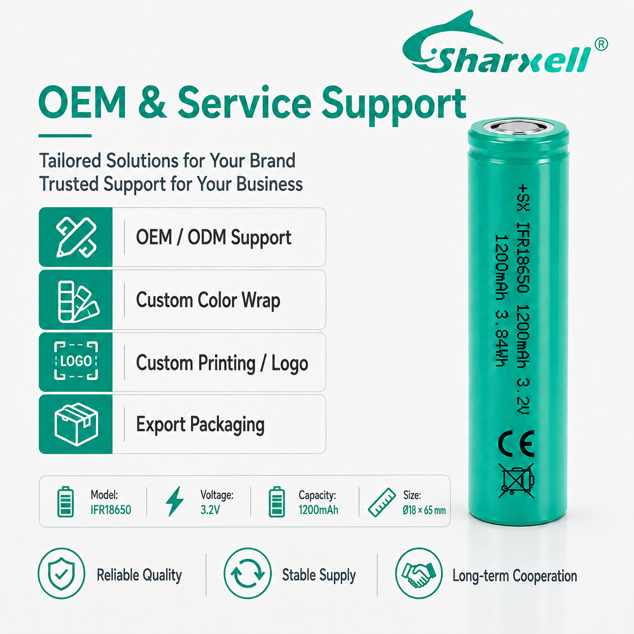 Sharxell 18650 1200mAh 3.2V LiFePO4 cell