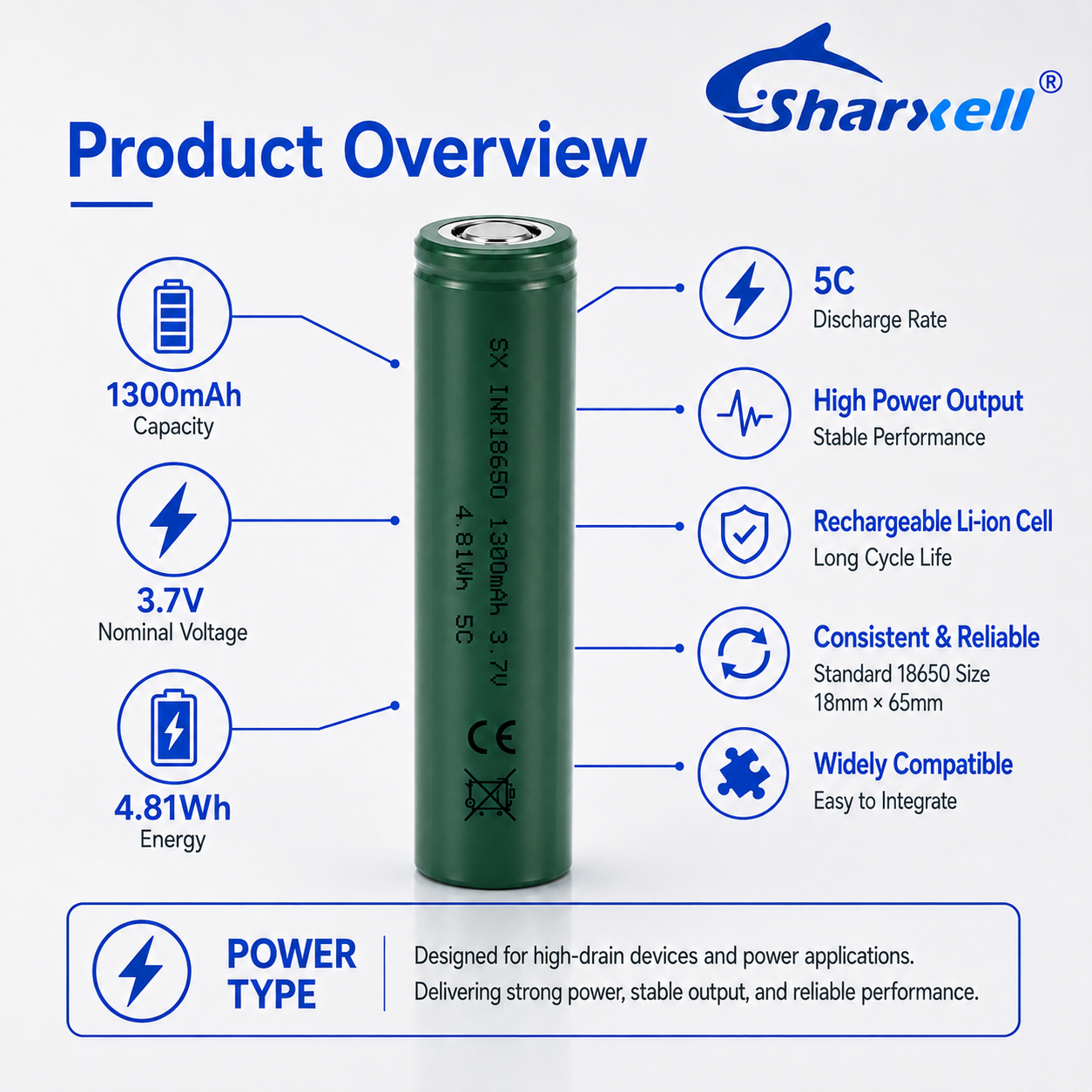 Sharxell 18650 1300mAh 5C high-rate 3.7V lithium-ion cell