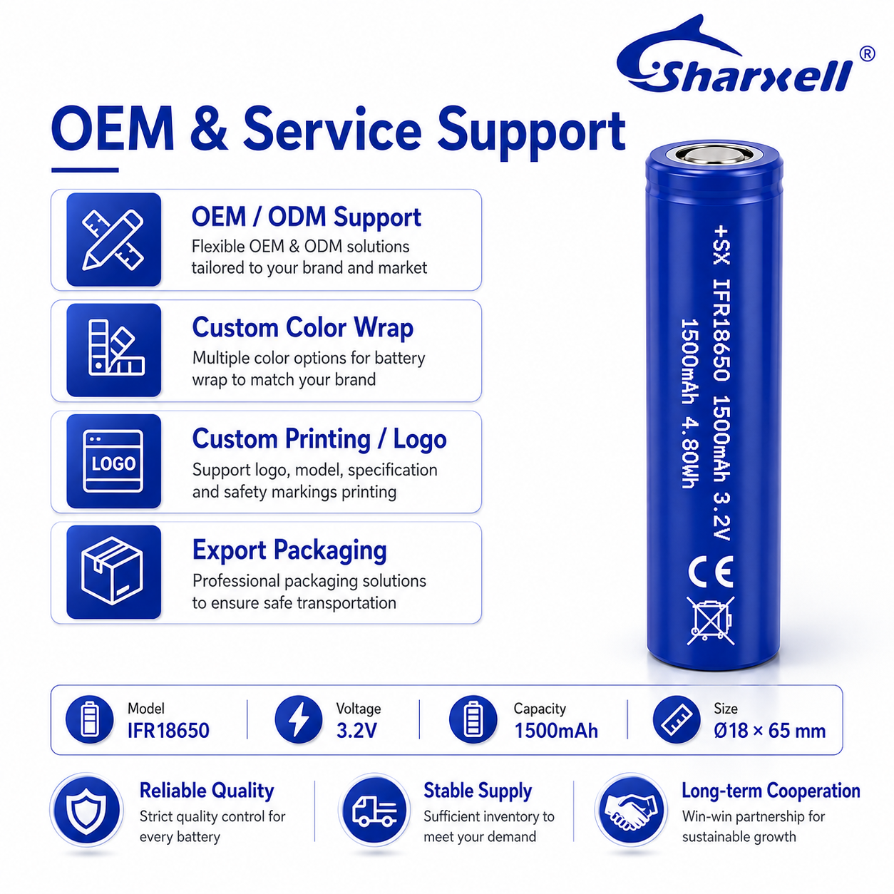 Sharxell 18650 1500mAh 3.2V LiFePO4 cell product detail