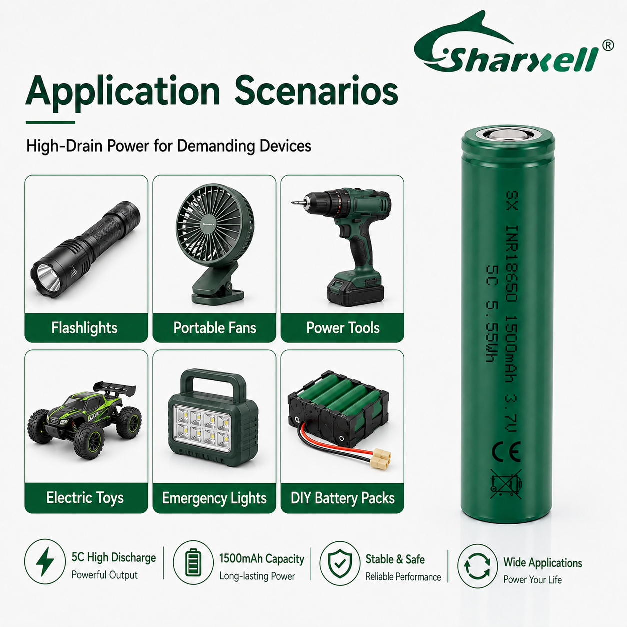 Sharxell 18650 1500mAh 5C high-rate 3.7V lithium-ion cell