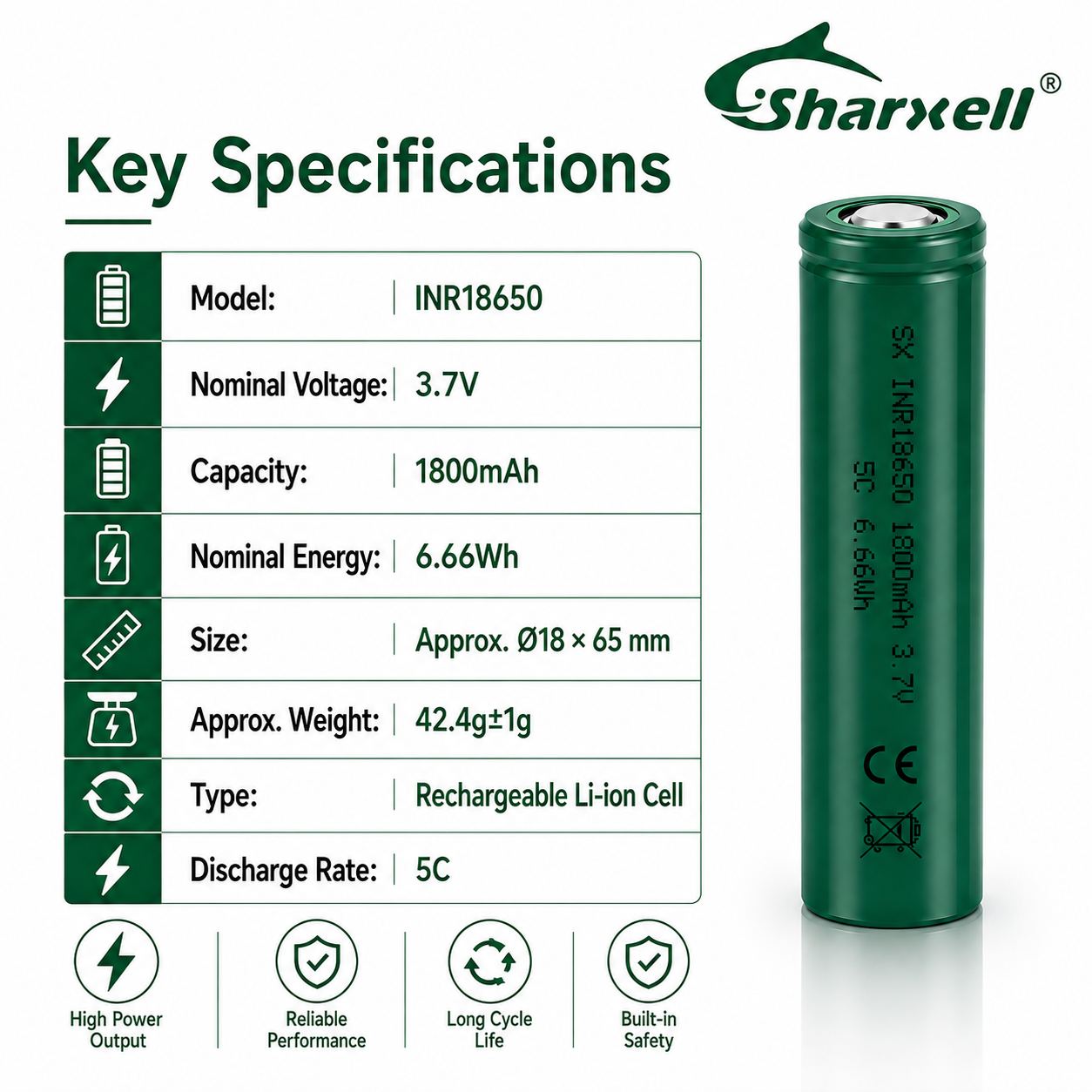Sharxell 18650 1800mAh 5C high-rate 3.7V lithium-ion cell