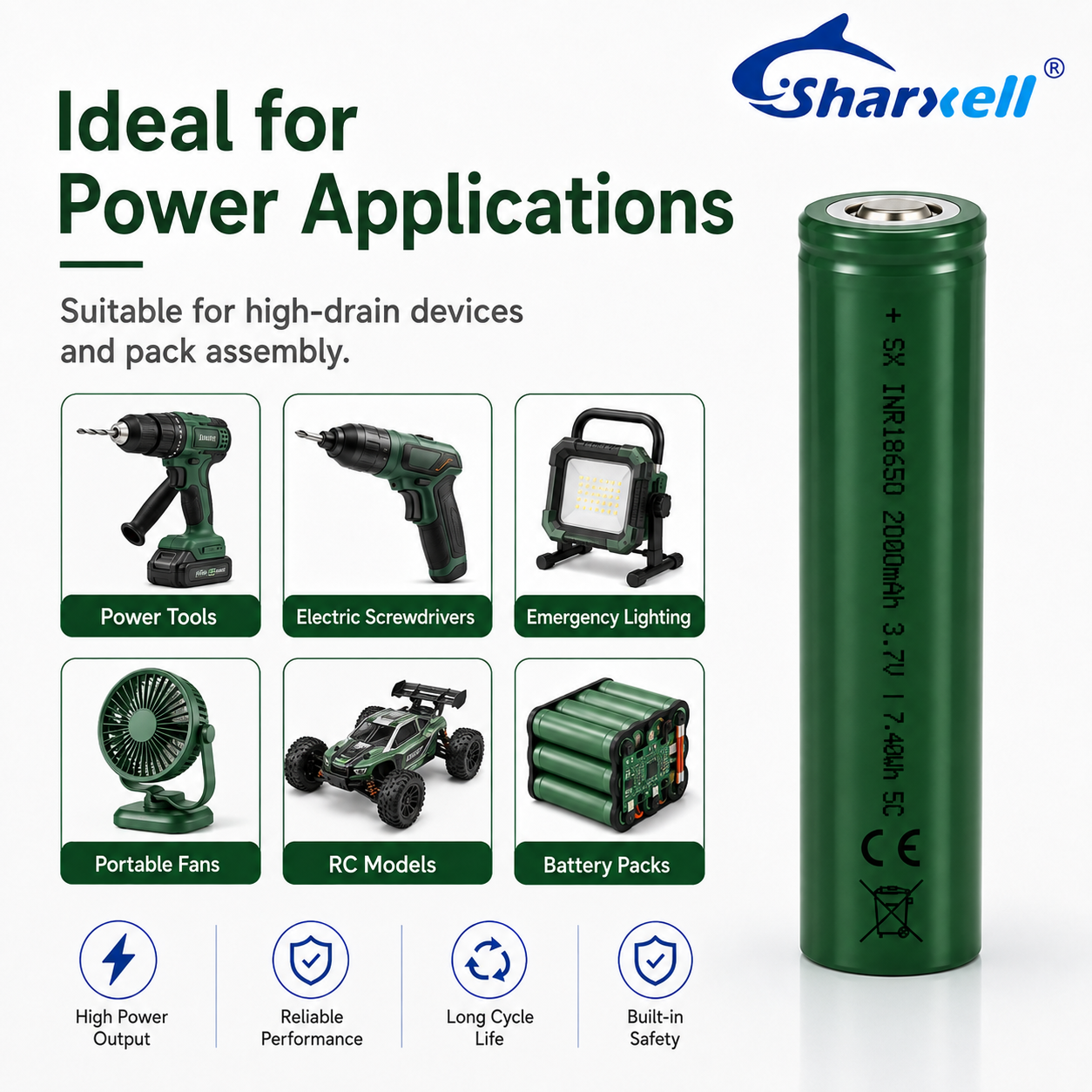 Sharxell 18650 2000mAh 5C high-rate 3.7V lithium-ion cell