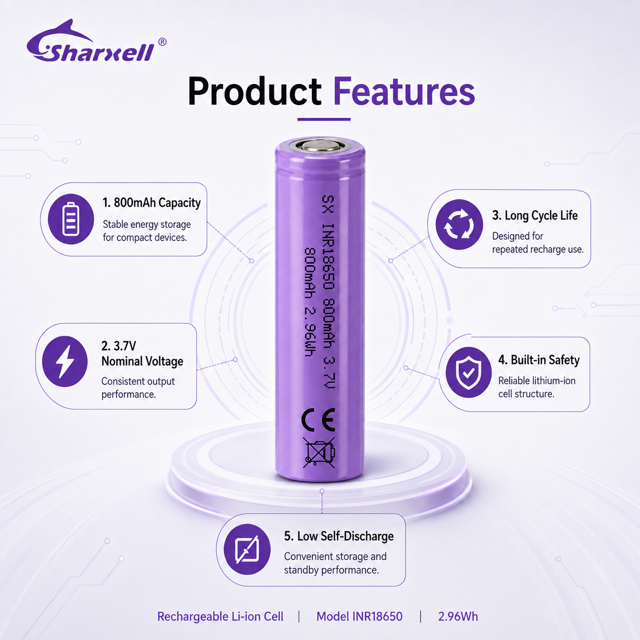 Sharxell 18650 800mAh standard 3.7V lithium-ion cell