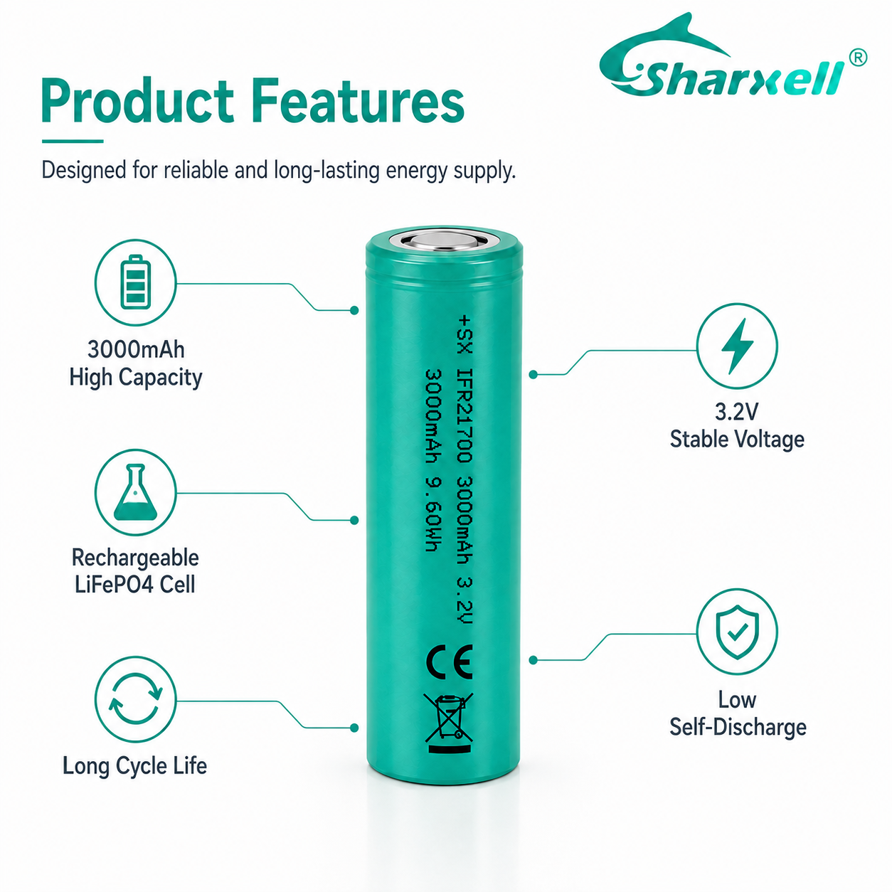 Sharxell 21700 3000mAh 3.2V LiFePO4 cell