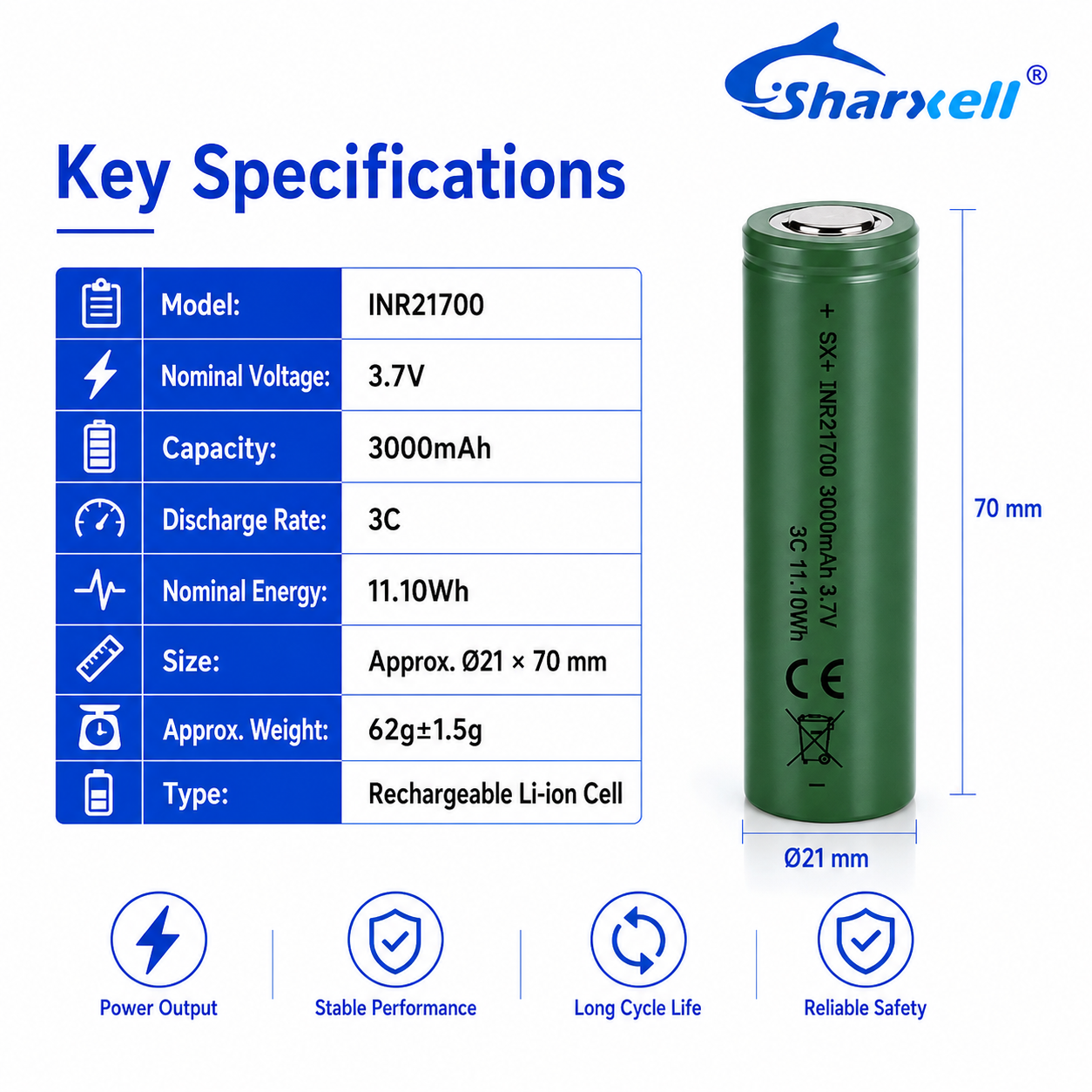 Sharxell 21700 3000mAh 3C high-rate 3.7V lithium-ion cell