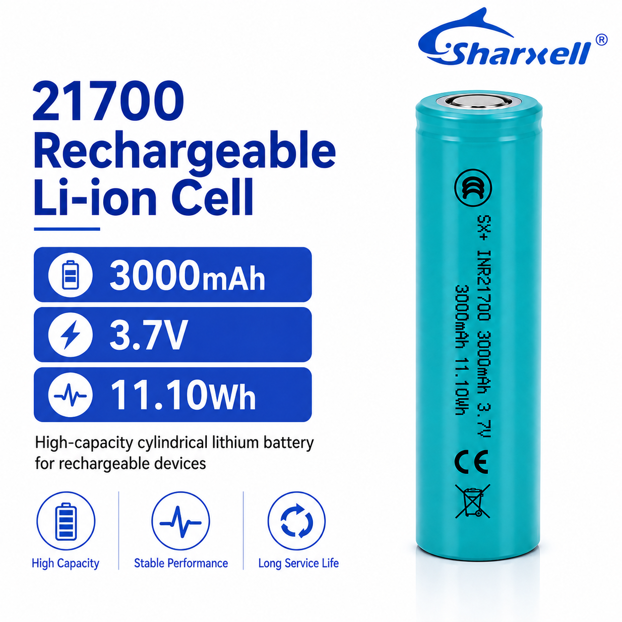 Sharxell 21700 3000mAh standard 3.7V lithium-ion cell