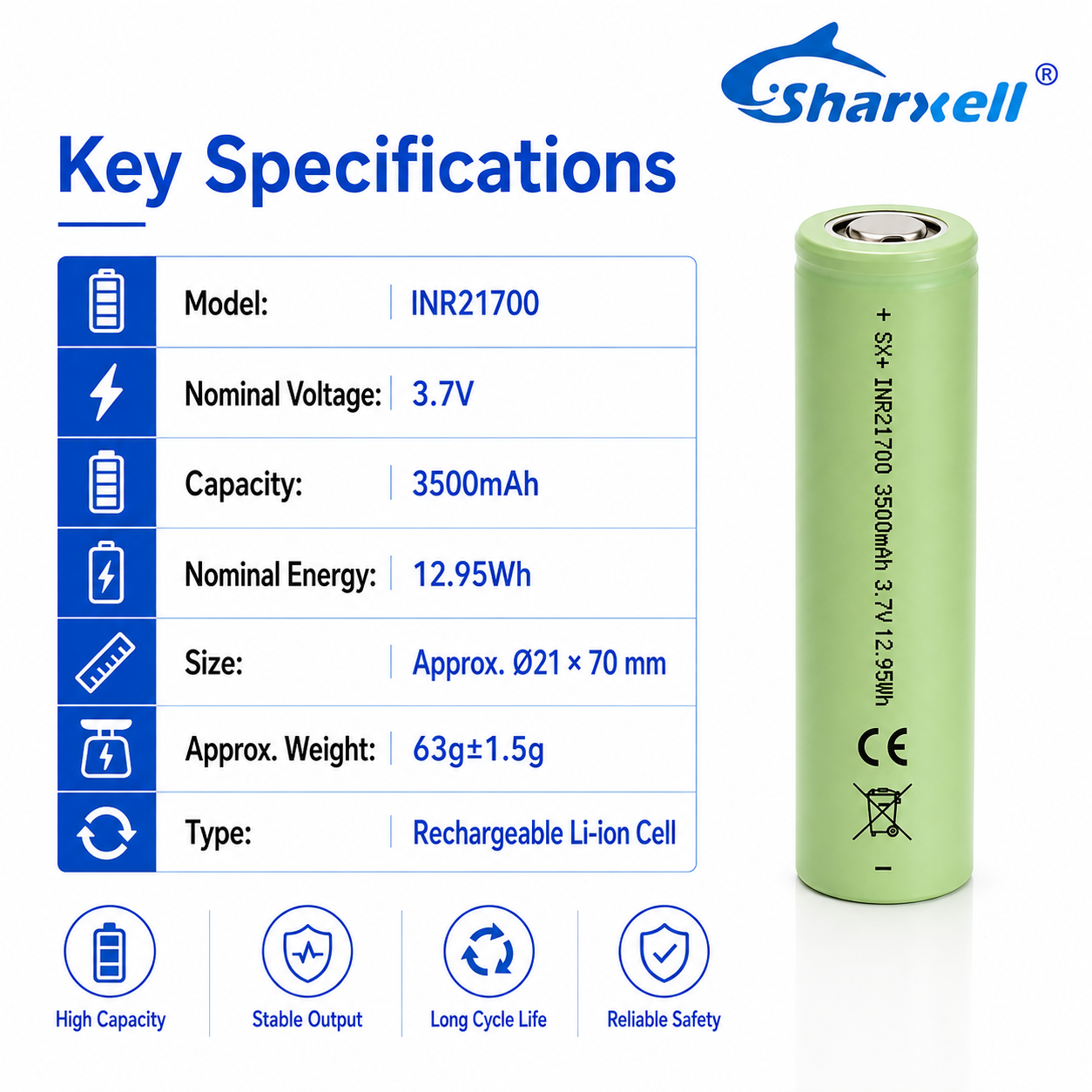 Sharxell 21700 3500mAh standard 3.7V lithium-ion cell