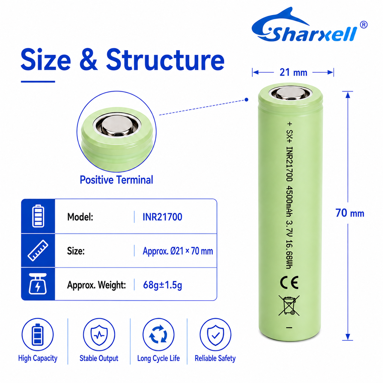 Sharxell 21700 cylindrical lithium-ion cell product example