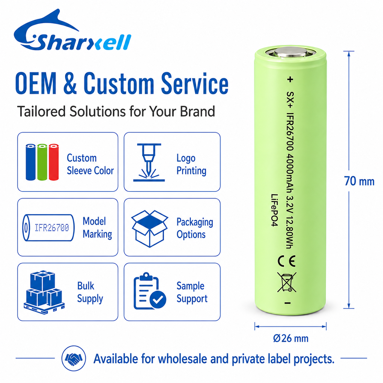 Sharxell 26700 4000mAh 3.2V LiFePO4 cell
