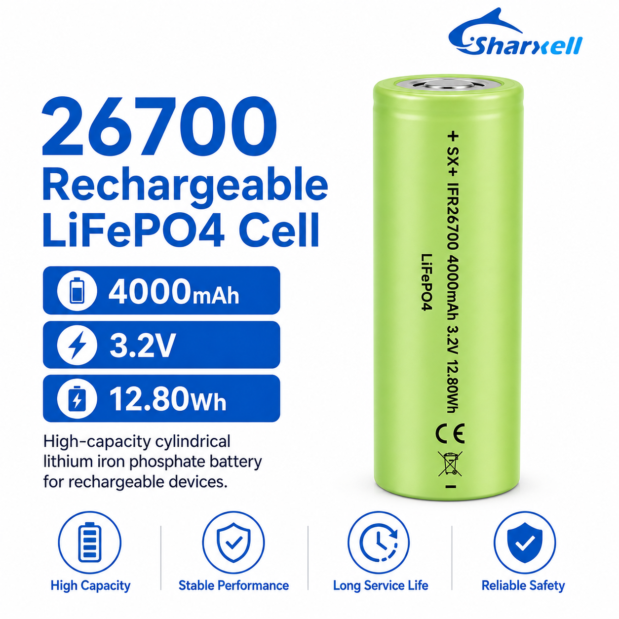 Sharxell 26700 4000mAh 3.2V LiFePO4 cell product detail