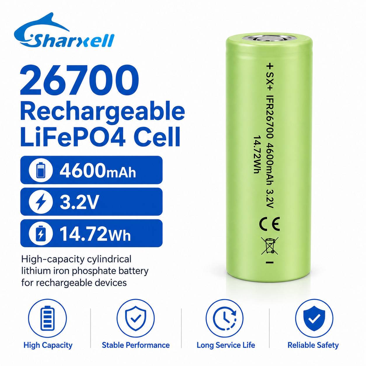 Sharxell 26700 4600mAh 3.2V LiFePO4 cell product detail