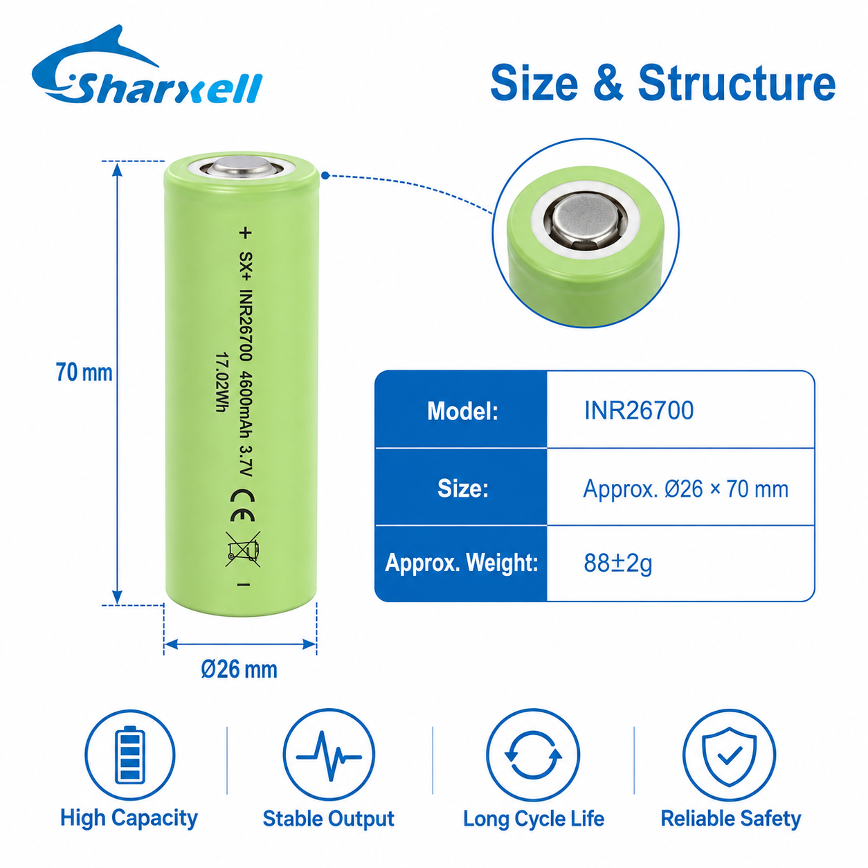 Sharxell 26700 4600mAh standard 3.7V lithium-ion cell