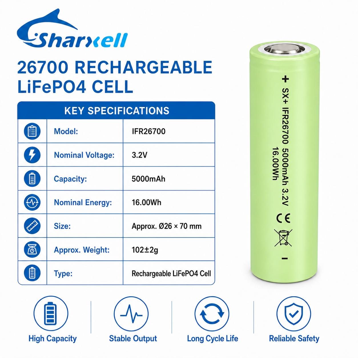 Sharxell 26700 5000mAh 3.2V LiFePO4 cell