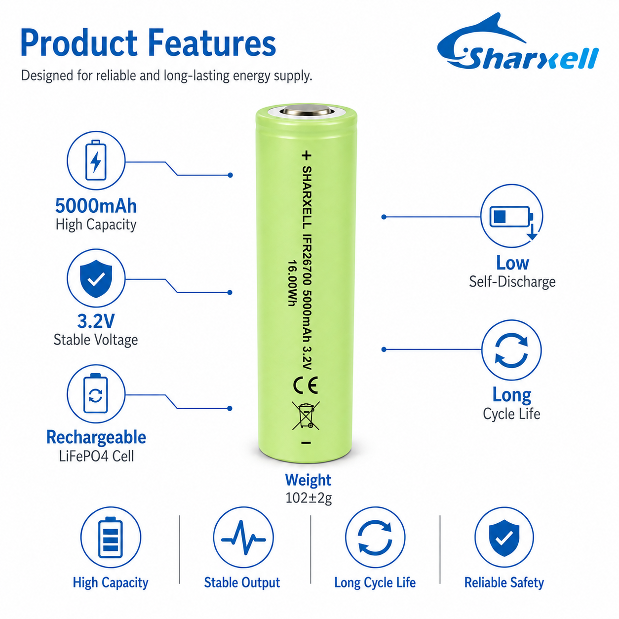 Sharxell 26700 5000mAh 3.2V LiFePO4 cell product detail