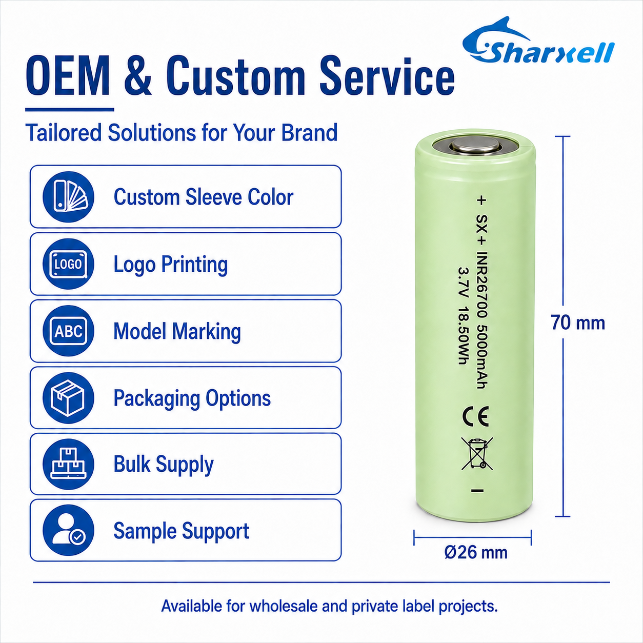 Sharxell 26700 5000mAh standard 3.7V lithium-ion cell