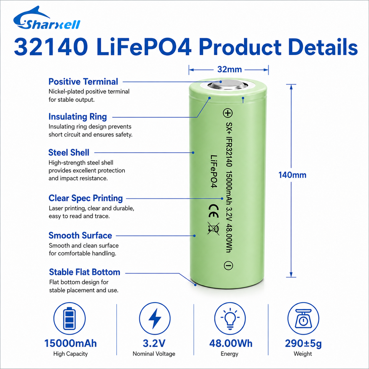 Sharxell 32140 15000mAh 3.2V LiFePO4 cell