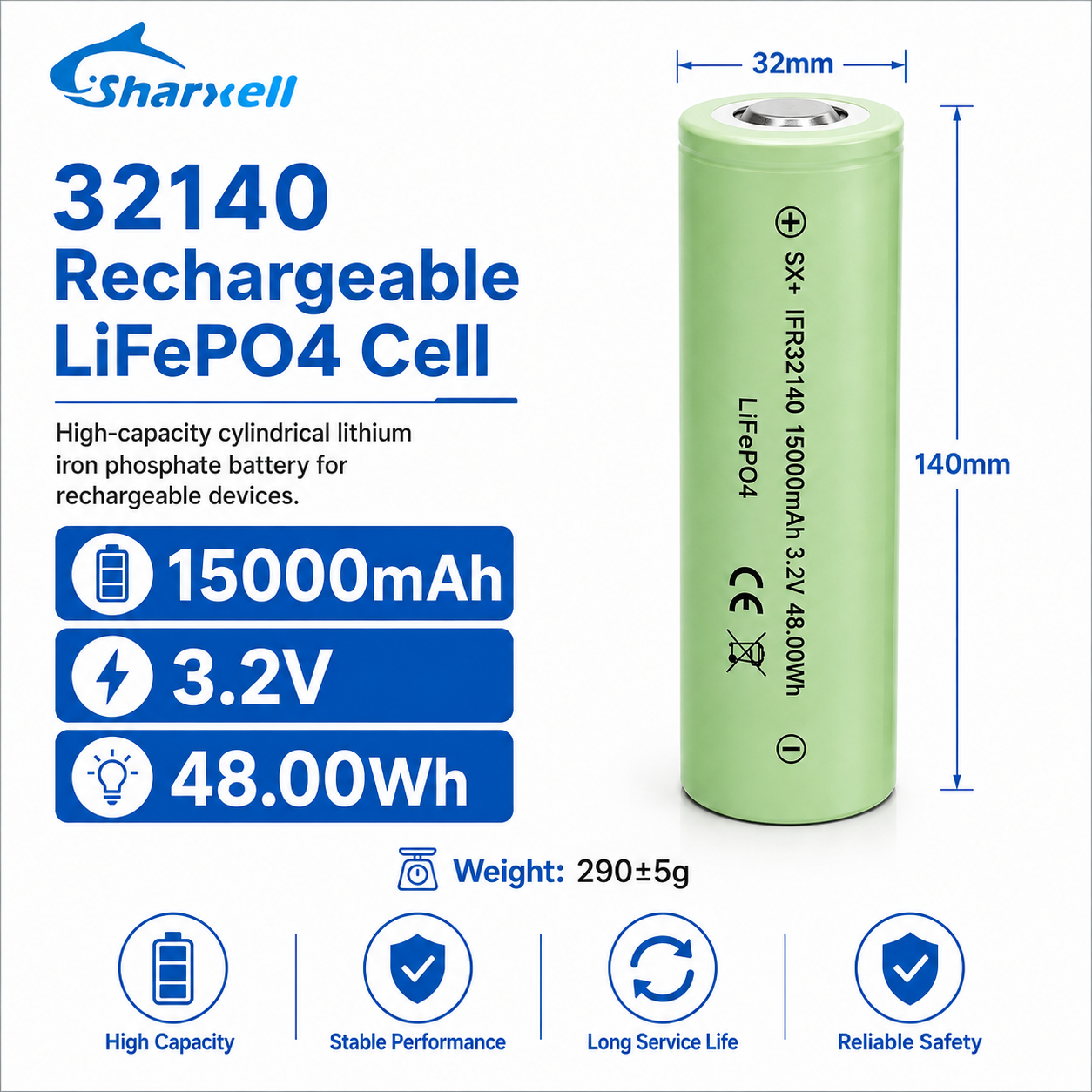 Sharxell 32140 15000mAh 3.2V LiFePO4 cell product detail