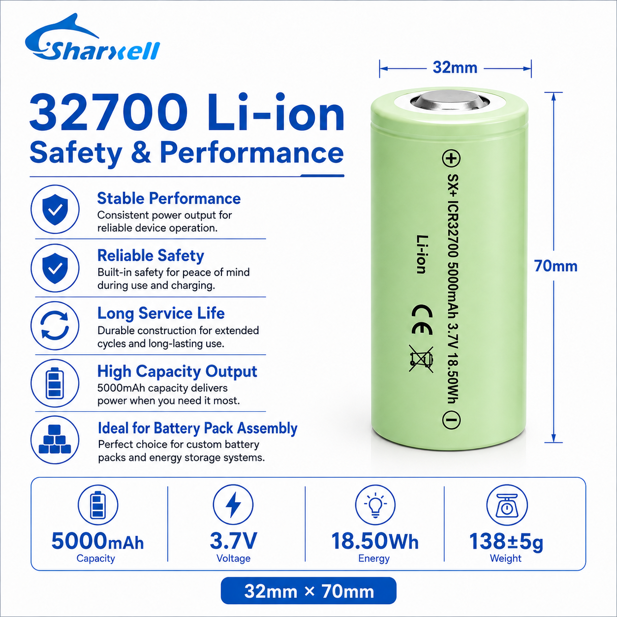Sharxell 32700 5000mAh standard 3.7V lithium-ion cell