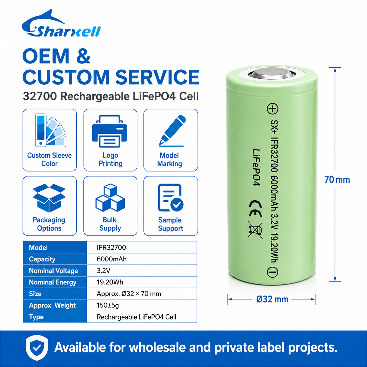 Sharxell 32700 6000mAh 3.2V LiFePO4 cell