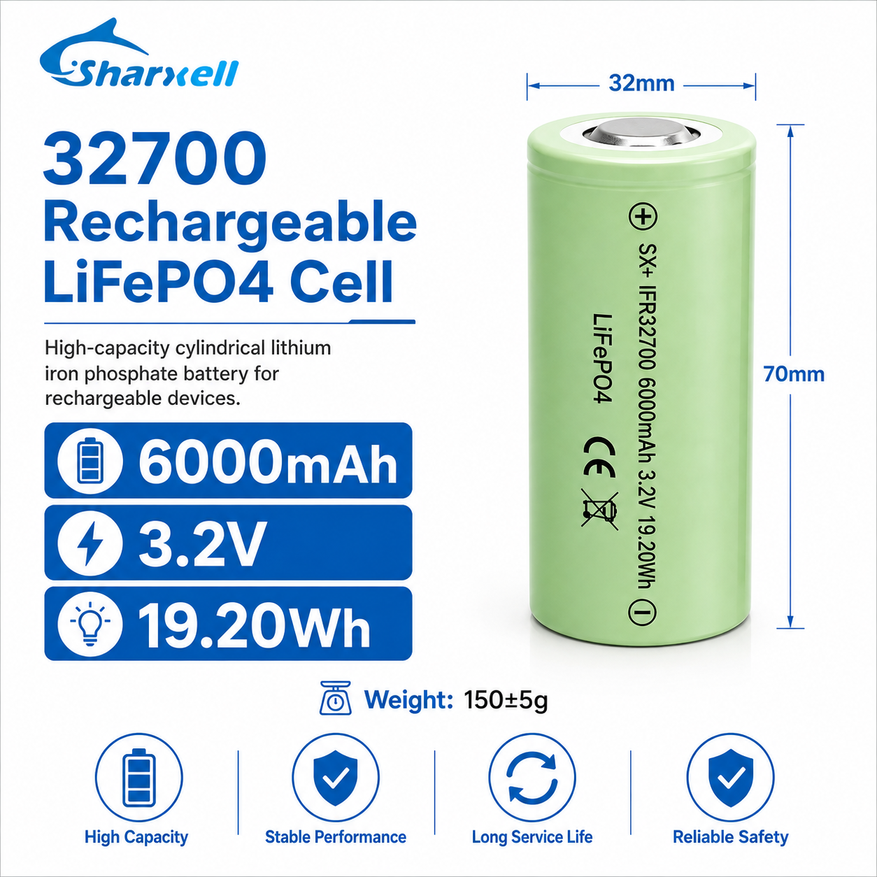 Sharxell 32700 6000mAh 3.2V LiFePO4 cell product detail