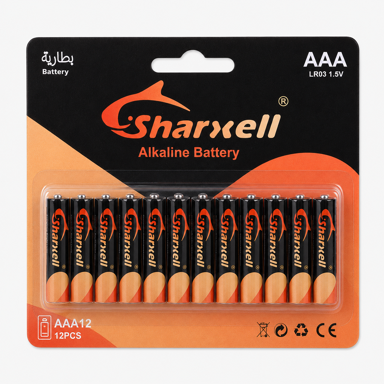 Sharxell LR03 AAA alkaline batteries in orange 12 pcs card packaging