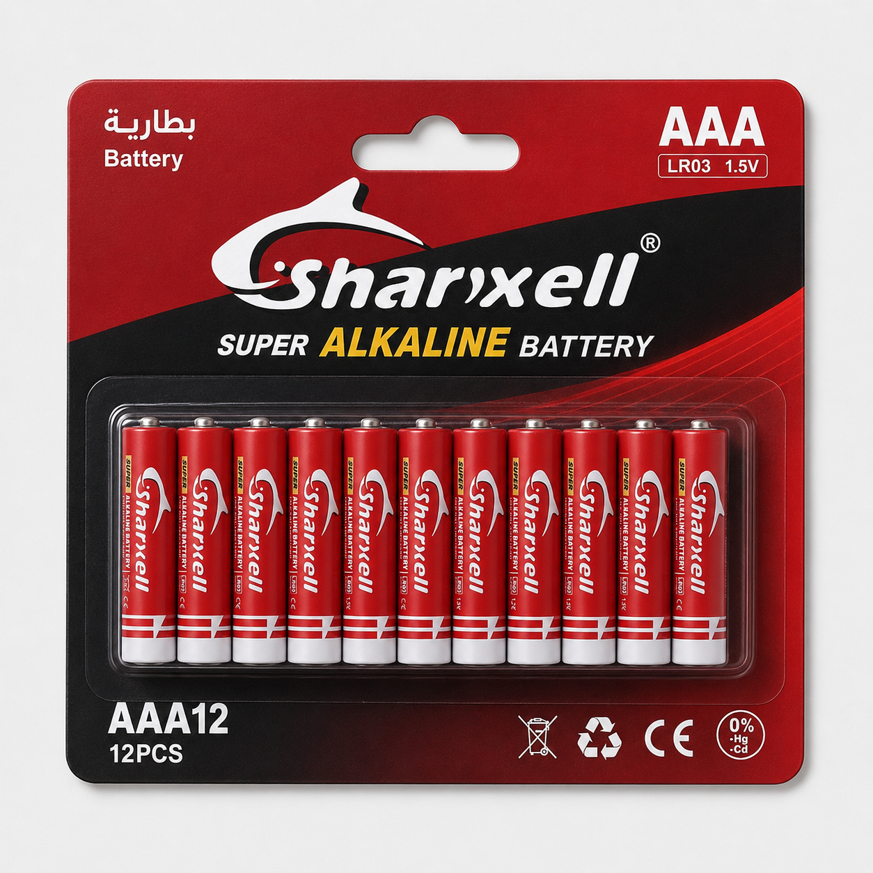 Sharxell LR03 AAA alkaline batteries in red 12 pcs card packaging