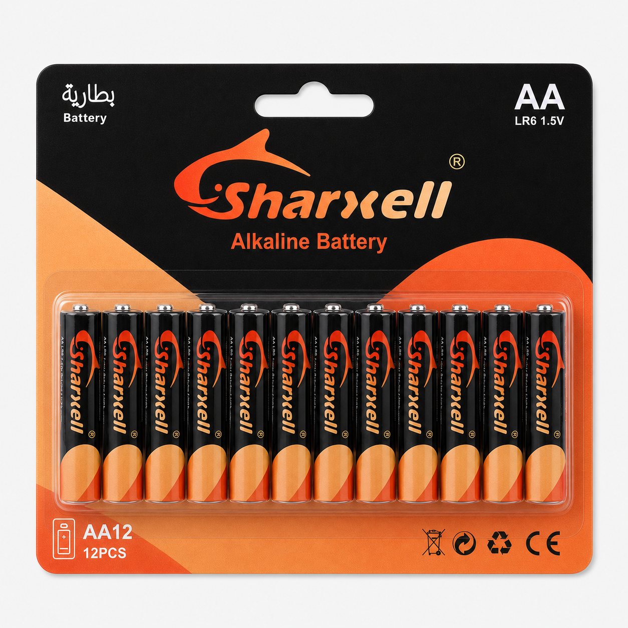 Sharxell LR6 AA alkaline batteries in orange 12 pcs card packaging