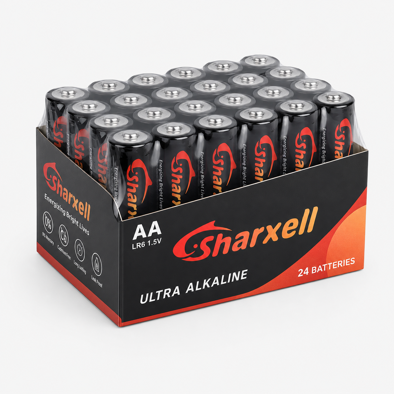 Sharxell LR6 AA alkaline batteries in 24 pcs display box packaging