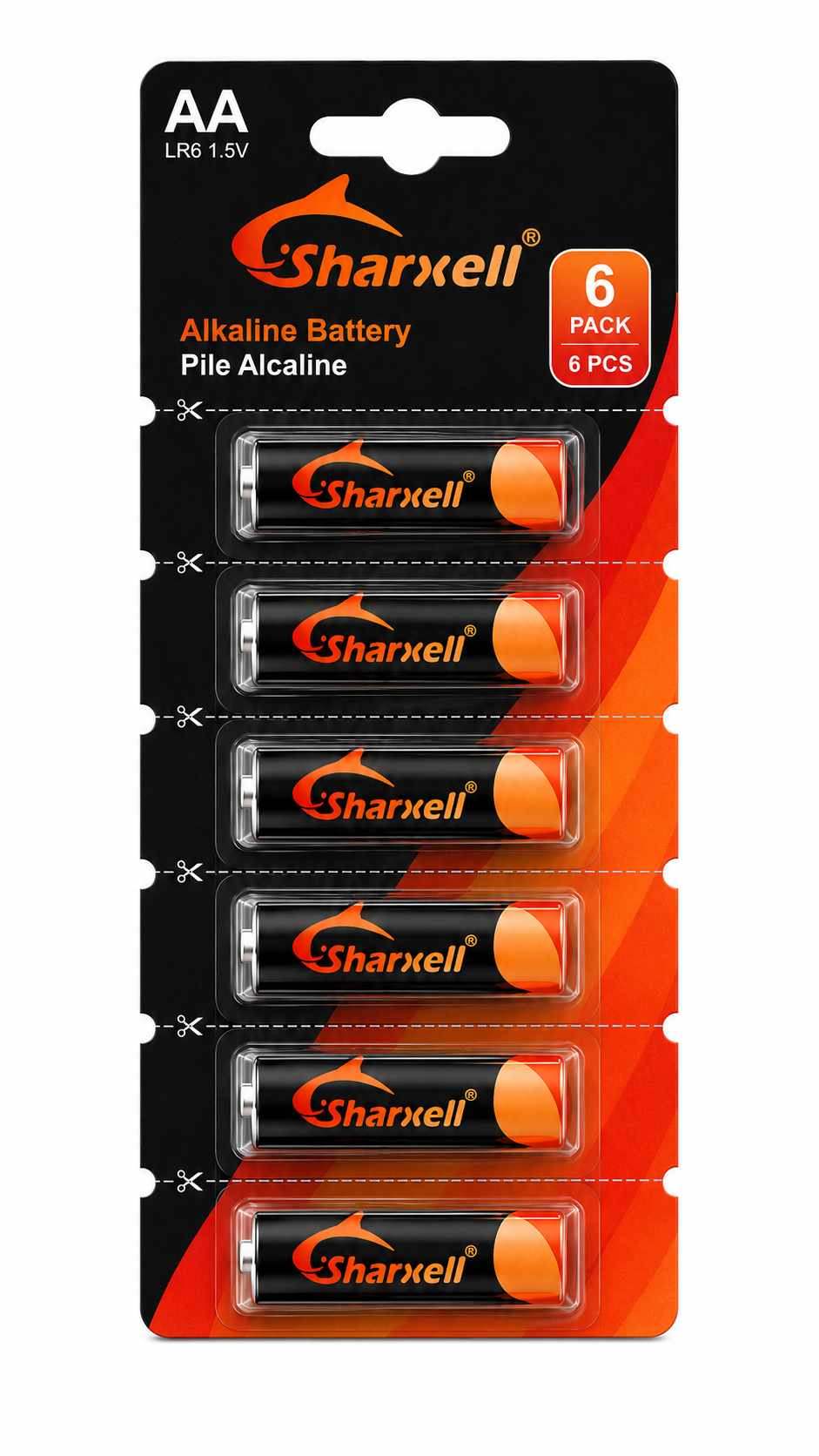 Sharxell LR6 AA alkaline batteries in black and red 6 pcs blister card packaging