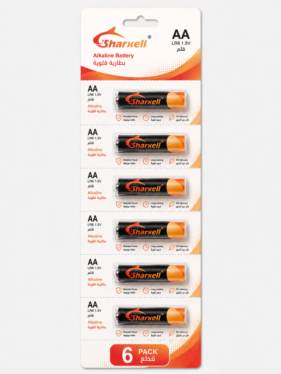 Sharxell LR6 AA alkaline batteries in orange 6 pcs blister card packaging