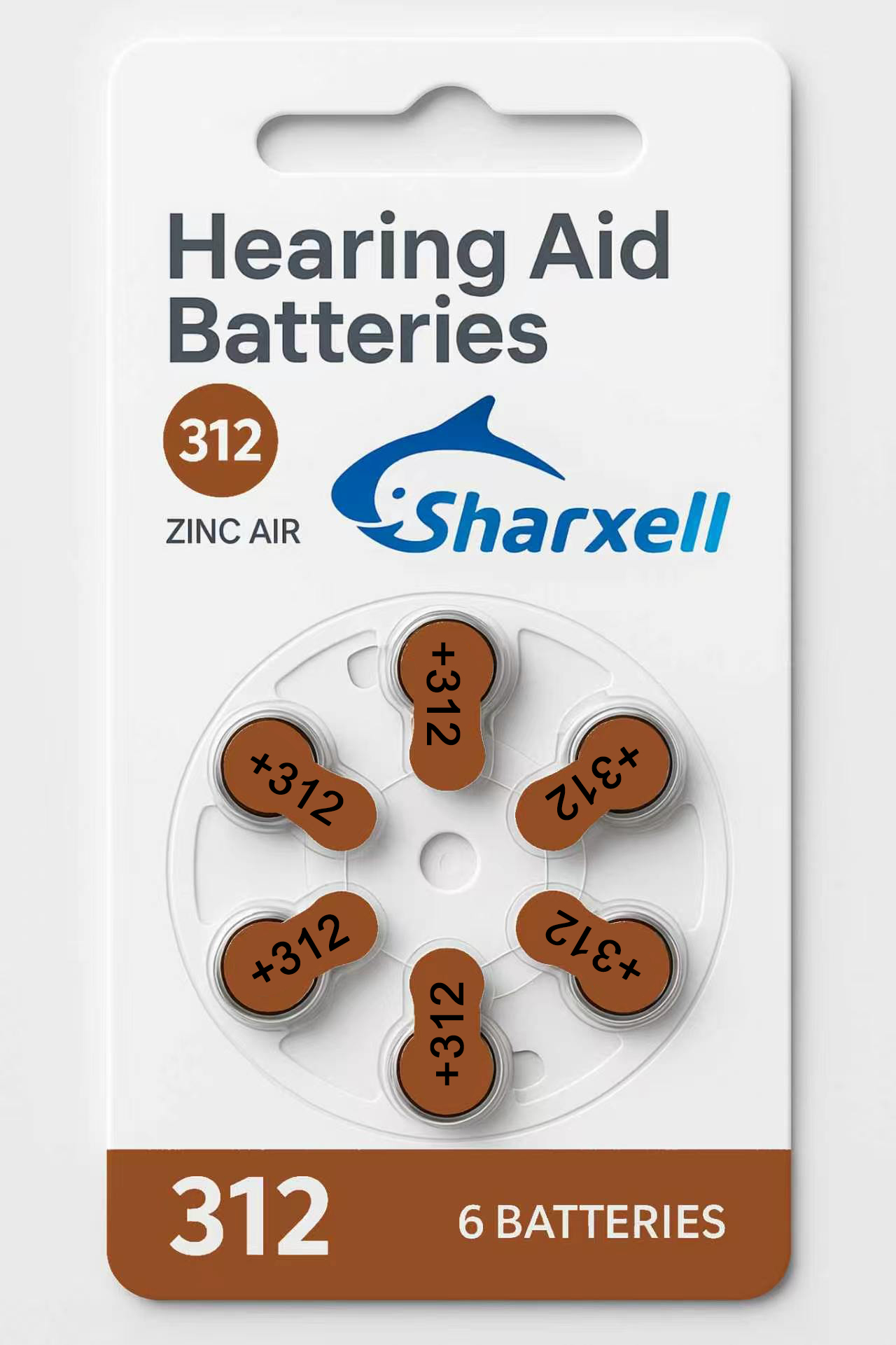 Sharxell Size 312 PR41 Brown Tab zinc-air hearing aid batteries in a six-piece card pack