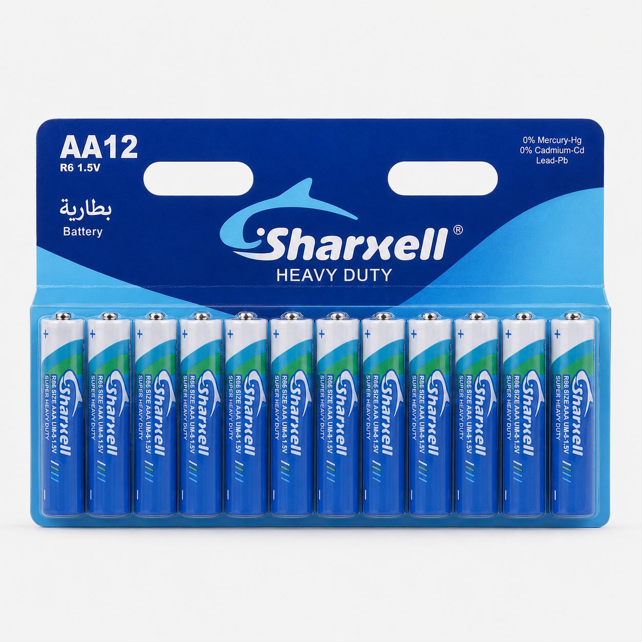 Sharxell R6 AA zinc carbon batteries in blue 12 pcs card packaging