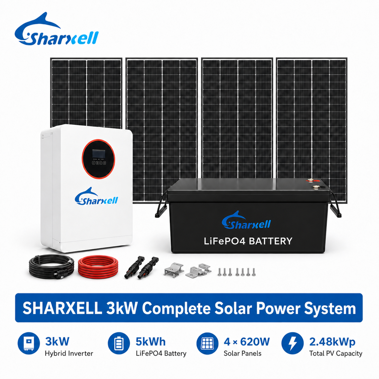 Sharxell complete solar system with solar panels, inverter and battery storage
