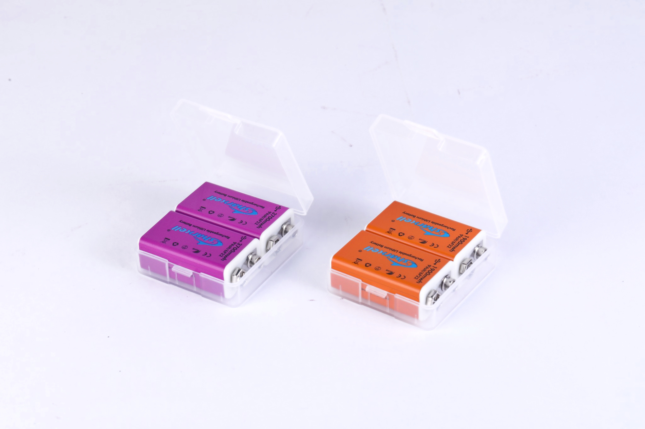 Orange and purple Sharxell 9V plastic box packaging