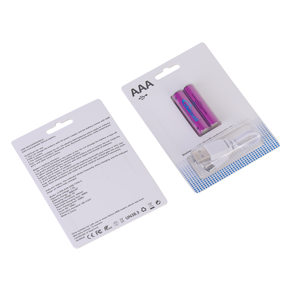 Purple Sharxell AAA USB-C rechargeable lithium batteries in card packaging
