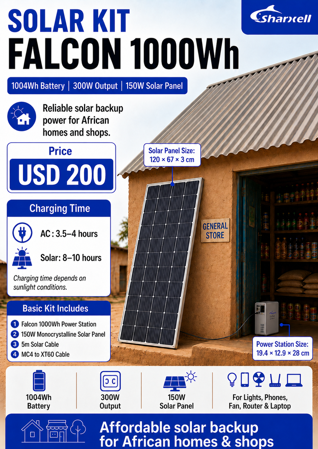 Sharxell FALCON 1000 solar backup kit for homes and shops